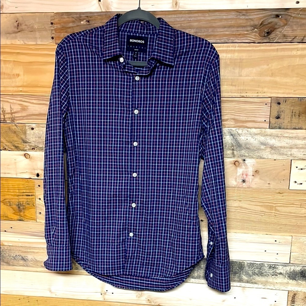 Bonobos Size Small Blue and Pink Checker Slim Fit Long Sleeve Button Down Shirt